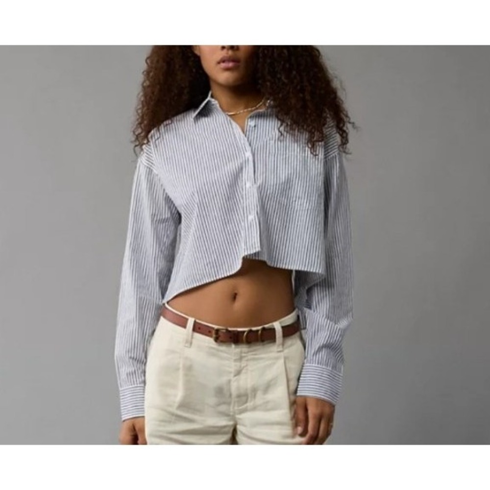 American Eagle Perfect Cropped button up boxy striped shirt Women SZ L coastal